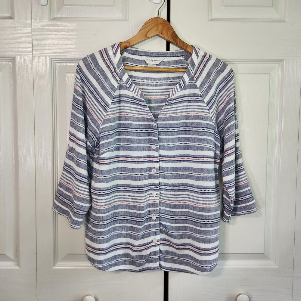 Christopher & Banks Petite Small Blue‎ Striped Linen Blend Roll Tab Button Top